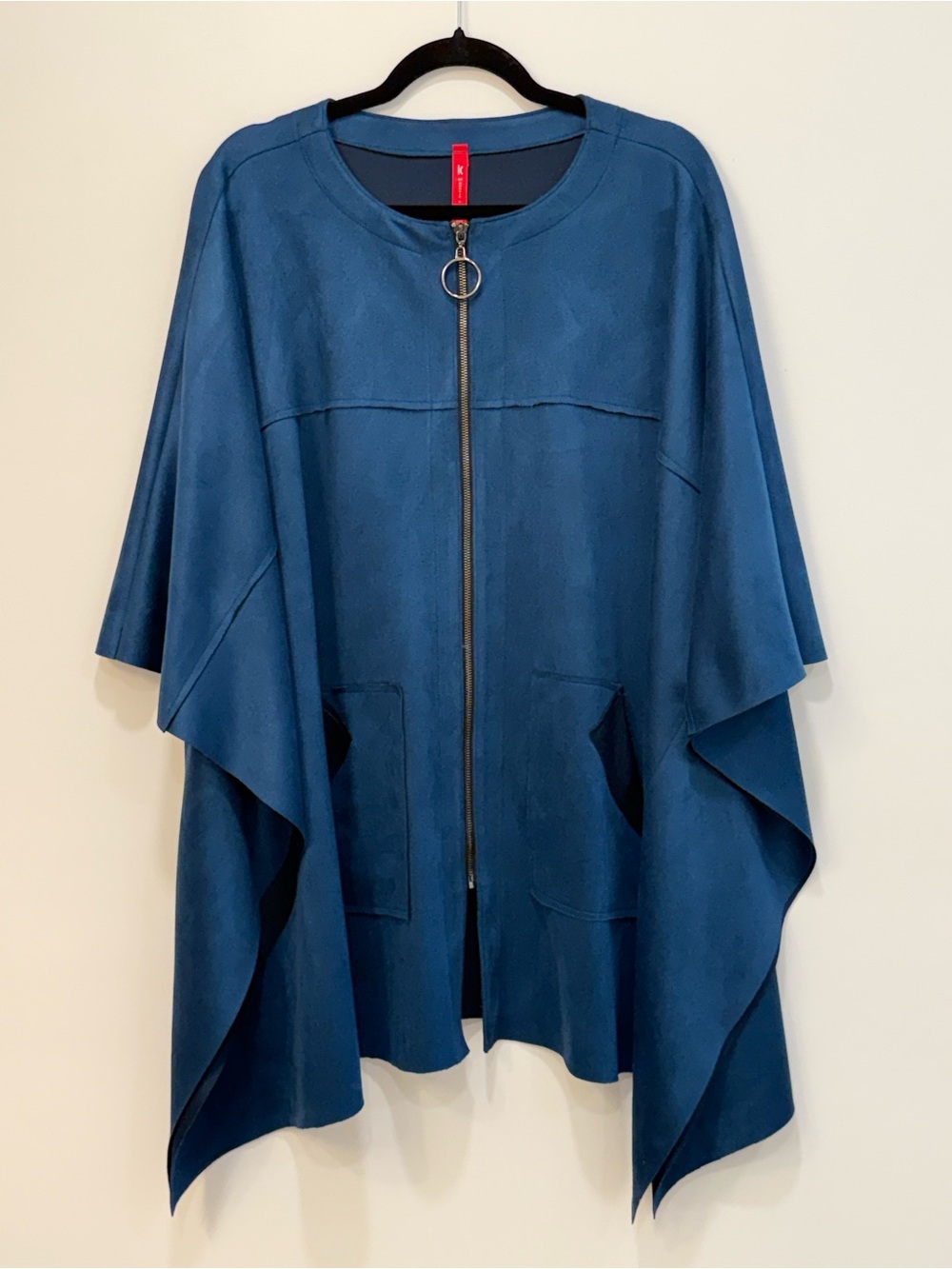 IC by Connie K. Teal Blue Zip-Front Draped Cape Jacket Suede-Like Oversized FUN!